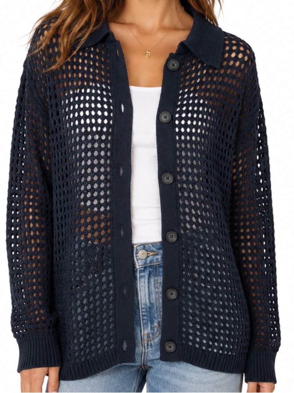 NWT - RDI Oversized Open Knit Mesh Cardigan Navy Size XS